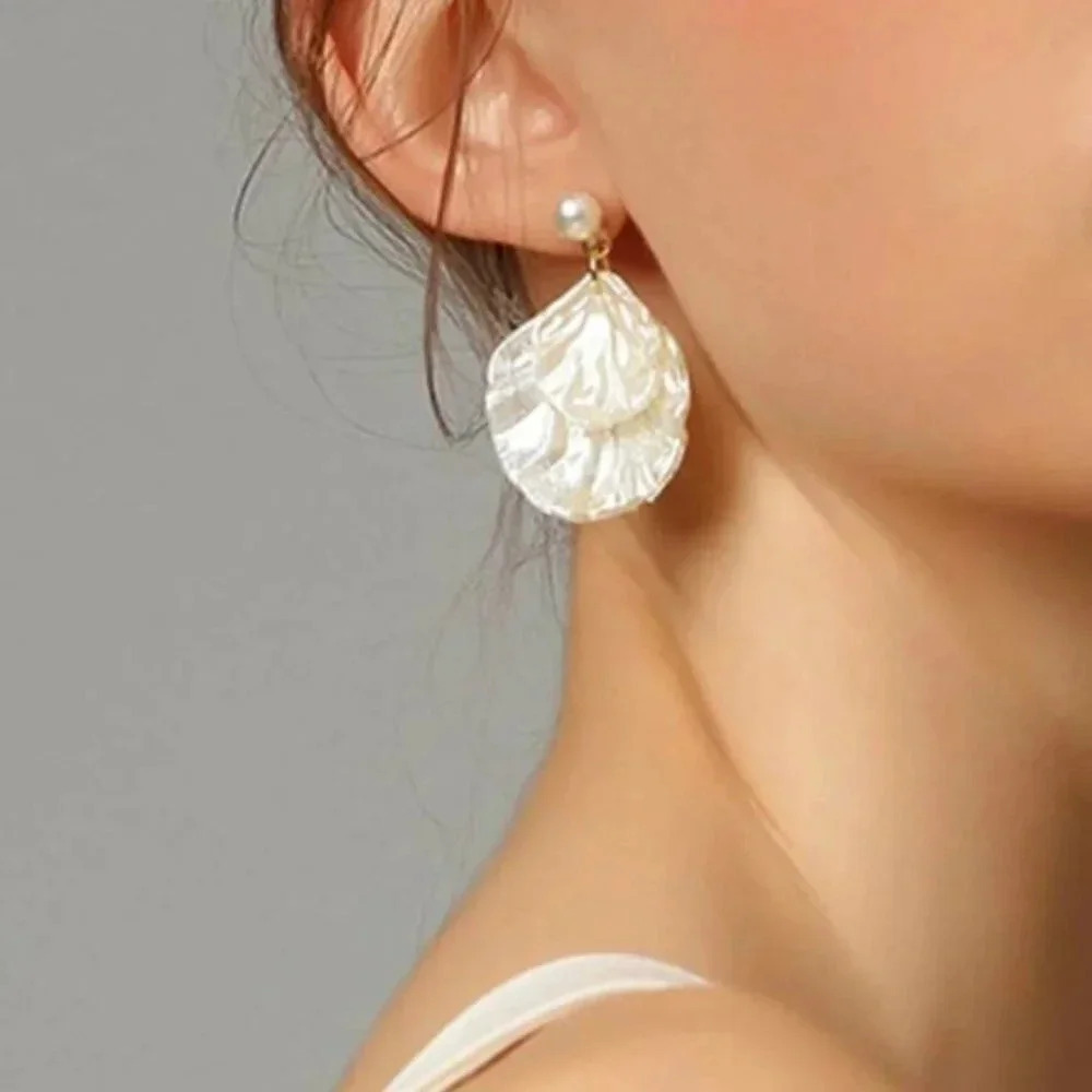 White Shell Pearl Drop Statement Earrings